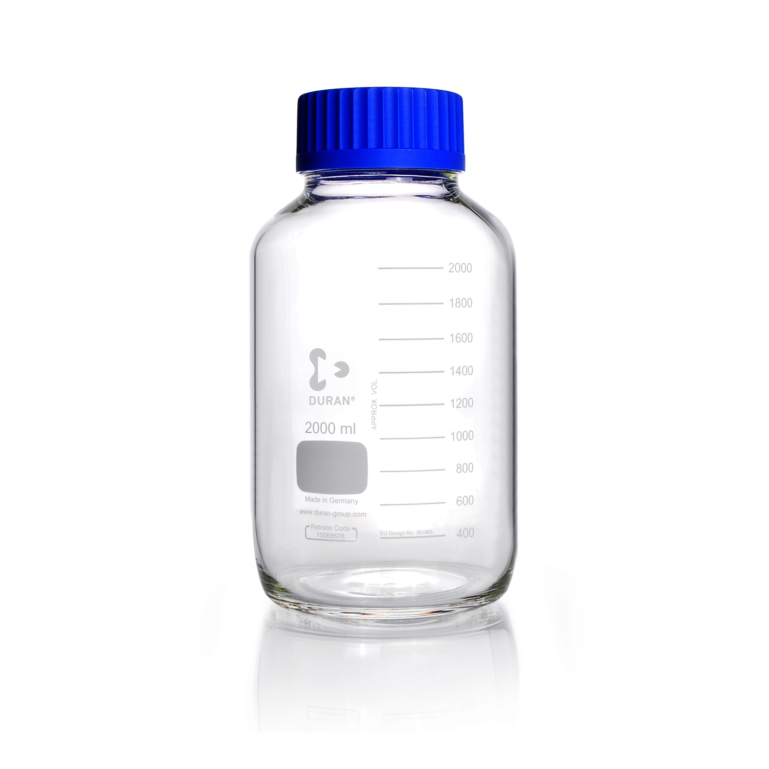 Flacon en verre Duran® 2L gradué col large GL80 avec bouchon à vis et bague de déversement en polypropylène